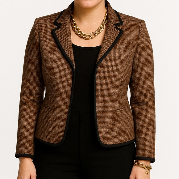 Jones New York Virgin Wool Blend Tweed Open Front Blazer Brown 14 - Picture 2 of 12
